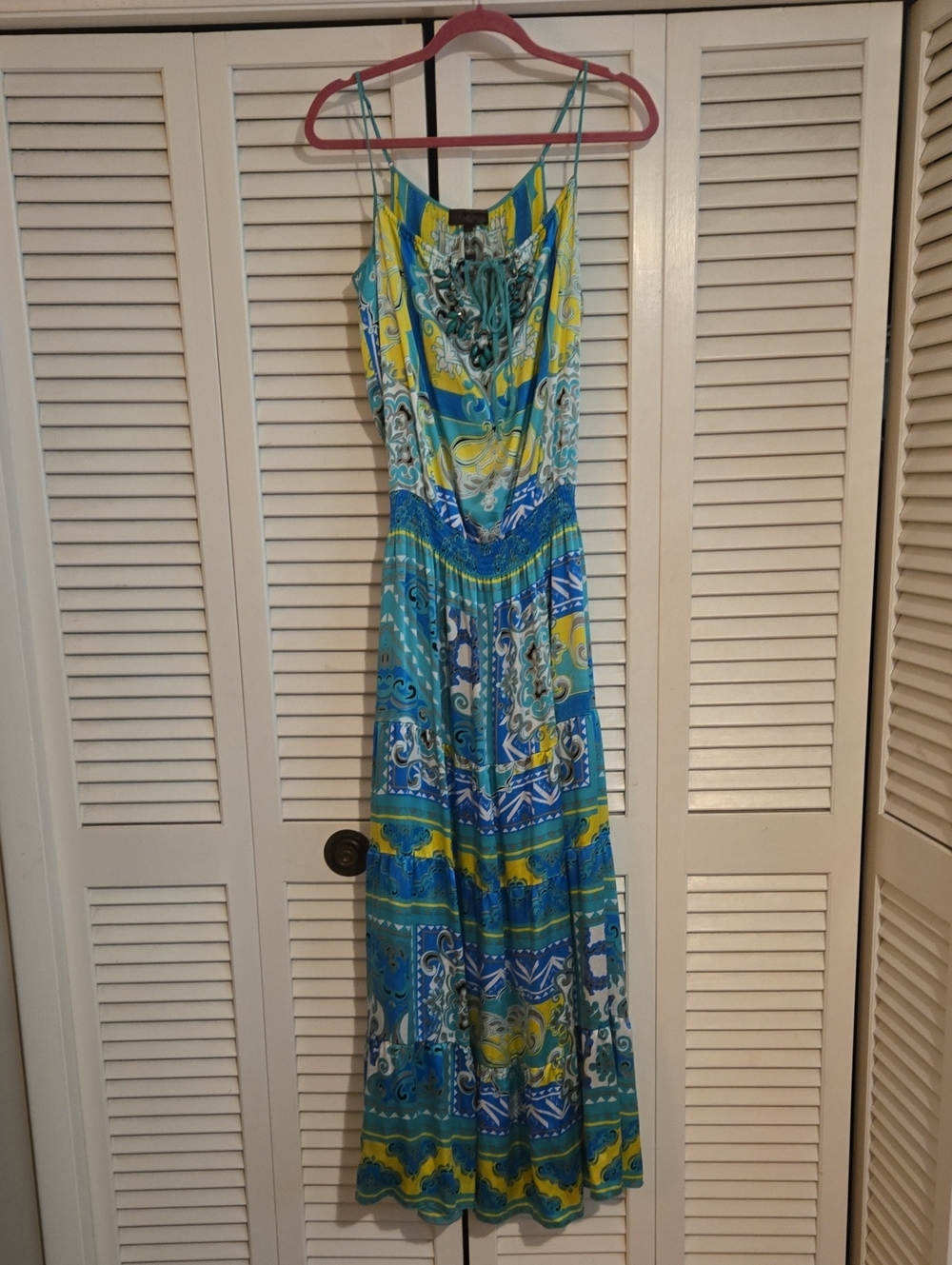 Hale Bob Teal, Blue & Yellow Paisley Silk Maxi Dress